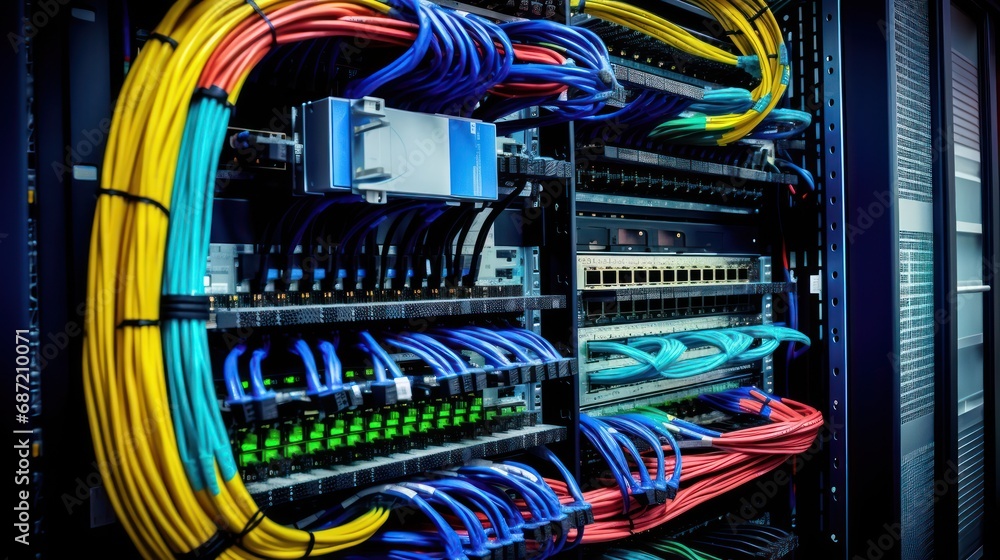 Poster closeup of a server network panel with lights