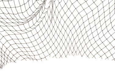 Icy mesh made of rope in the snow on a white background. Torn fishing, football, tennis net isolate - Powered by Adobe