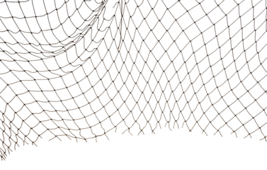 Icy mesh made of rope in the snow on a white background. Torn fishing, football, tennis net isolate