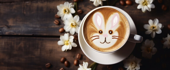 Cappuccino coffee with easter bunny latte art.