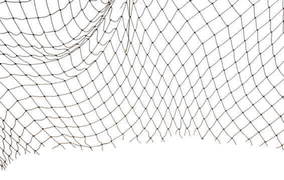 Icy mesh made of rope in the snow on a white background. Torn fishing, football, tennis net isolate