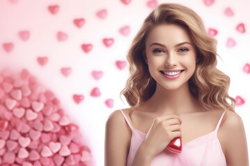 Obraz na płótnie Canvas Valentine's Day with this beauty model in a pink dress, complemented by a heart-shaped candy background. The romantic portrait captures the festive spirit, perfect for conveying love and celebration.