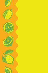 Wabi sabi paper tape lemons, watercolor paper tape with lemon vector seamless pattern frame. Lemon border. Crayon citrus drawings in naive hand-drawn style.