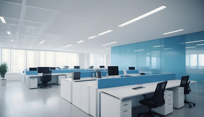 Interior of modern office with computer tables and rows of blue chairs. Generative AI