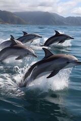 Dolphins leaping from the sea or ocean, displaying their playful and energetic nature. Joyful and acrobatic behavior of these intelligent marine mammals in their natural habitat.