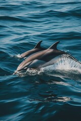 Dolphins leaping from the sea or ocean, displaying their playful and energetic nature. Joyful and acrobatic behavior of these intelligent marine mammals in their natural habitat.