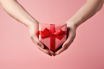 A person holding a pink gift box with a red bow