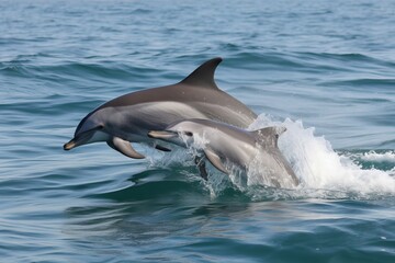 Dolphins leaping from the sea or ocean, displaying their playful and energetic nature. Joyful and acrobatic behavior of these intelligent marine mammals in their natural habitat.