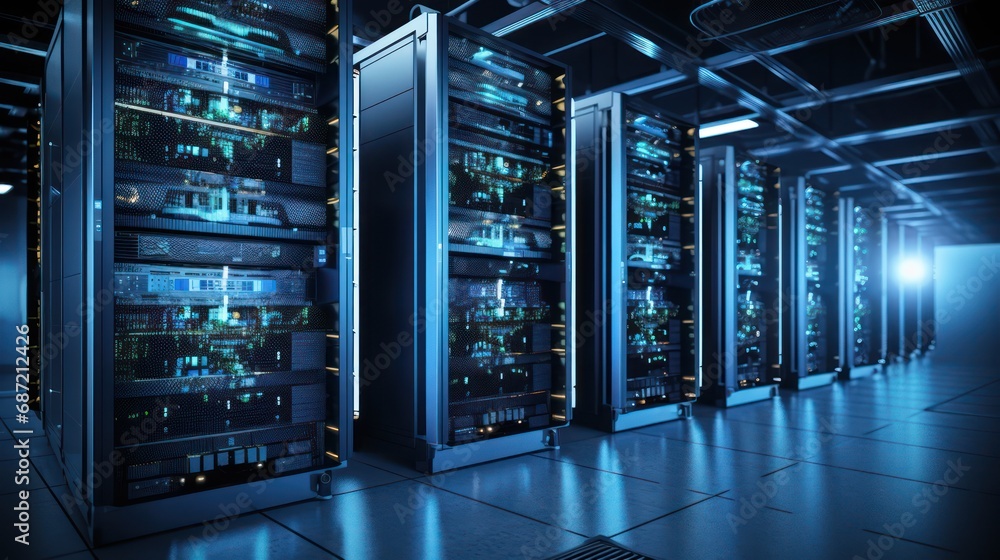 Leinwandbilder shot of data center with multiple rows of fully operational server racks. modern telecommunications,