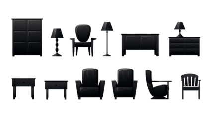 Vector black icons furniture set Illustration of furniture collection on isolated transparent or white background.