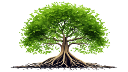Green tree with roots, vector illustration On isolated transparent or white background.