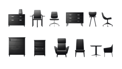 Vector black icons furniture set Illustration of furniture collection on isolated transparent or white background.
