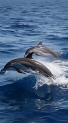 Dolphins leaping from the sea or ocean, displaying their playful and energetic nature. Joyful and acrobatic behavior of these intelligent marine mammals in their natural habitat.