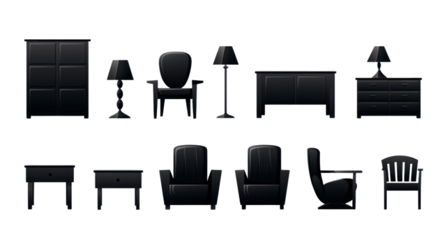 Vector black icons furniture set Illustration of furniture collection on isolated transparent or white background.