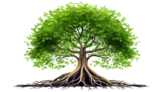Green tree with roots, vector illustration On isolated transparent or white background.