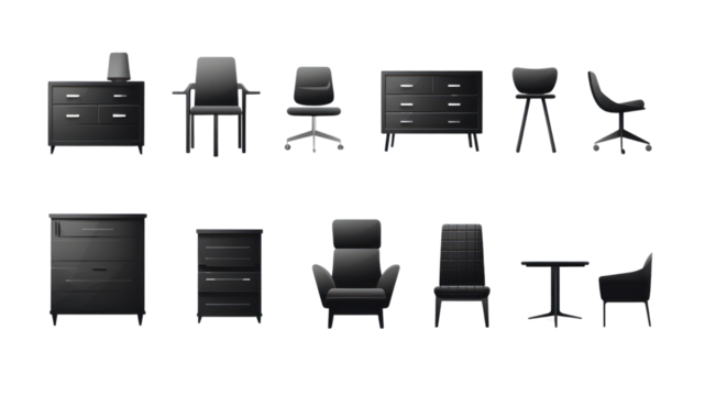 Vector black icons furniture set Illustration of furniture collection on isolated transparent or white background.