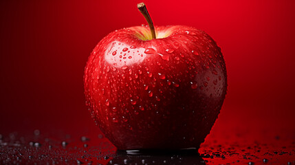 Czerwone jabłko, soczyste, piękne, świeże na czerwonym tle z kroplami wody.