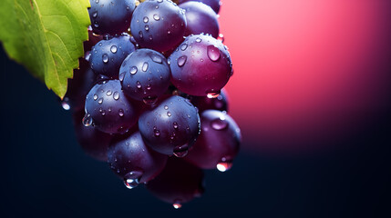 Winogrono czarne soczyste, piękne, świeże na różowym tle z kroplami wody.