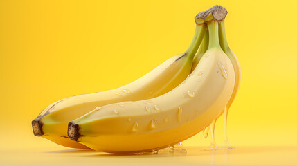 Banan słodki, piękny, świeży na żółym tle z kroplami wody.