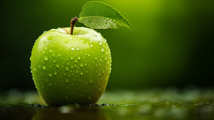 Zielone jabłko, soczyste, piękne, świeże na zielonym tle z kroplami wody.