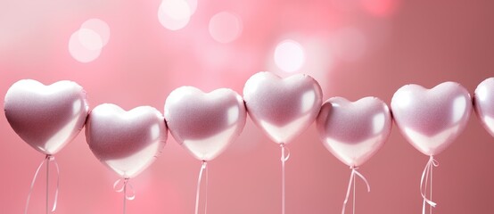 A row of heart shaped lollipops on a pink background