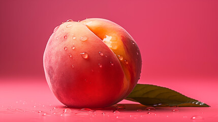 Brzoskwinia soczysta, piękna, świeża na różowym tle z kroplami wody.