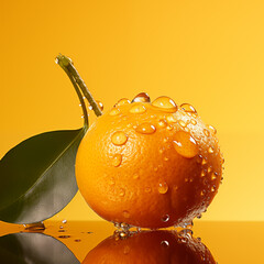 Pomarańcza soczysta, piękna, świeża na żółtym tle z kroplami wody.