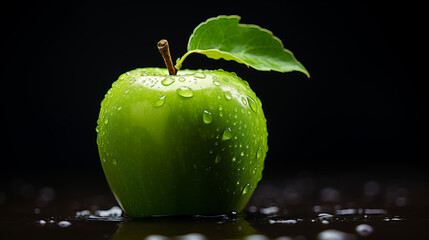 Zielone jabłko, soczyste, piękne, świeże na czarnym tle z kroplami wody. - obrazy, fototapety, plakaty