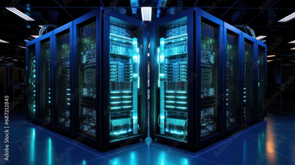 Aufkleber shot of data center with multiple rows of fully operational server racks. modern telecommunications,