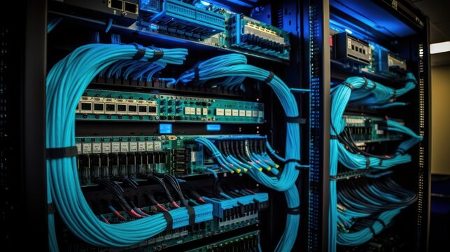 Closeup Of A Server Network Panel with Lights and Cables