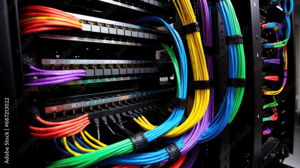 Poster closeup of a server network panel with lights and cables