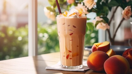 Peaches smoothie on the table with cafe, restaurant or coffee shop background. Food and drinks lifestyle concept for Beverage collection, stock photography