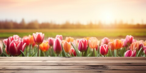 Empty wooden table with tulip flower field 