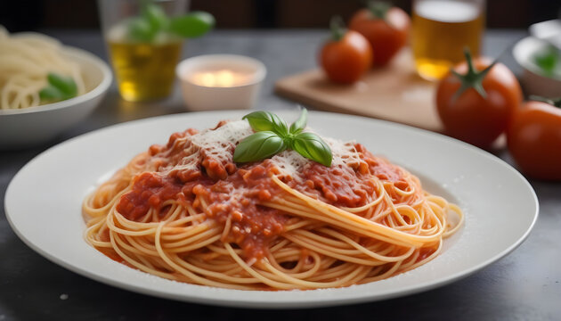 Spaghetti bolognese on a plate with tomato sauce and basil. Generative AI