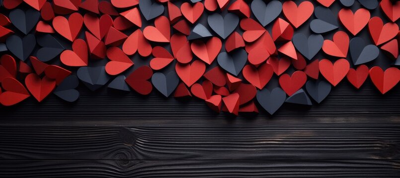 A bunch of red and black hearts on a wall