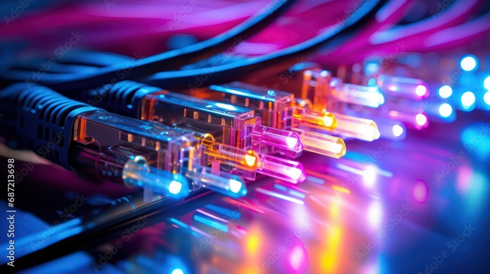 Poster closeup of a server network panel with lights and cables