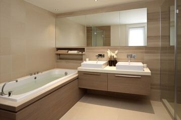 Fototapeta na wymiar Modern minimalist bathroom interior in beige tones
