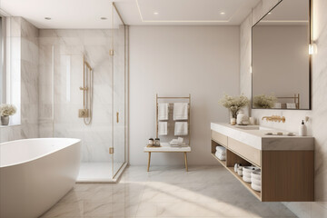 Fototapeta na wymiar Modern minimalist bathroom interior in beige tones