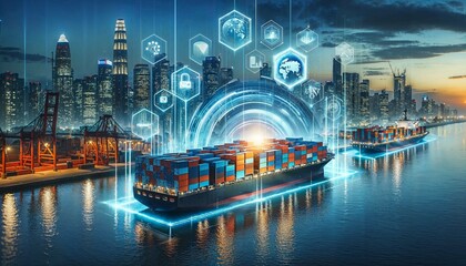 Futuristic Smart Shipping and Logistics Concept with Cityscape

