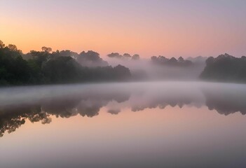 Obraz premium AI generated illustration of a foggy river bank during a sunrise