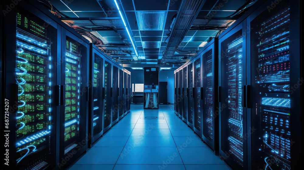 Aufkleber shot of data center with multiple rows of fully operational server racks. modern telecommunications,