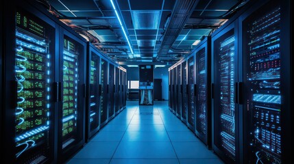 Shot of Data Center With Multiple Rows of Fully Operational Server Racks. Modern Telecommunications, Cloud Computing, Artificial Intelligence, Database, Super Computer Technology Concept.