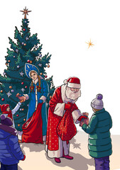 Santa Claus and Snow Maiden give gifts for the New Year and Christmas