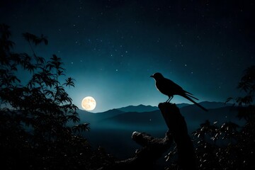 A black sky, a full moon's glow, serene and bright, A fluffy bird perched, a silhouette in the night.