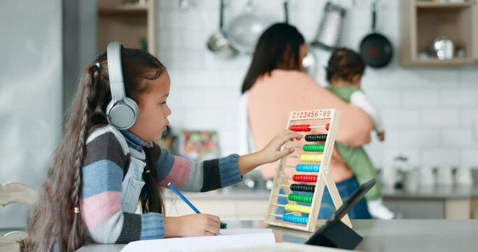 Math homework, child with headphones and abacus in kitchen learning, education and tablet together with family. Elearning, studying and girl student for online class project with mom and kids.