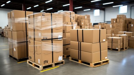 Goods ready to ship in warehouse background