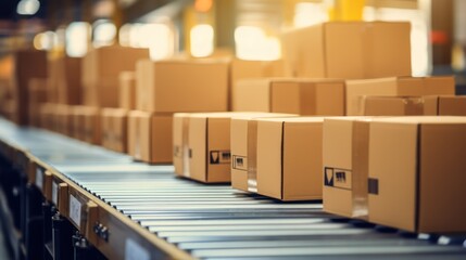 Closeup of multiple cardboard box packages seamlessly moving along a conveyor belt in a warehouse fulfillment center, a snapshot of e-commerce, delivery, automation and products - obrazy, fototapety, plakaty