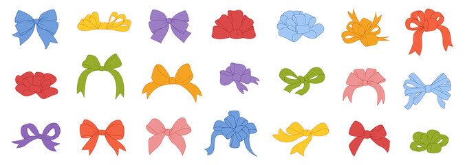 Colorful bows, gift bows. Simple hand drawn ribbon bow collection. Bowknot for decoration, big set  - obrazy, fototapety, plakaty