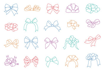 Colorful bows, gift bows. line art. Simple hand drawn ribbon bow collection. Bowknot for decoration, big set  - obrazy, fototapety, plakaty