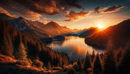 Sunset Radiance over Mountain Lake Surrounded by Forest

